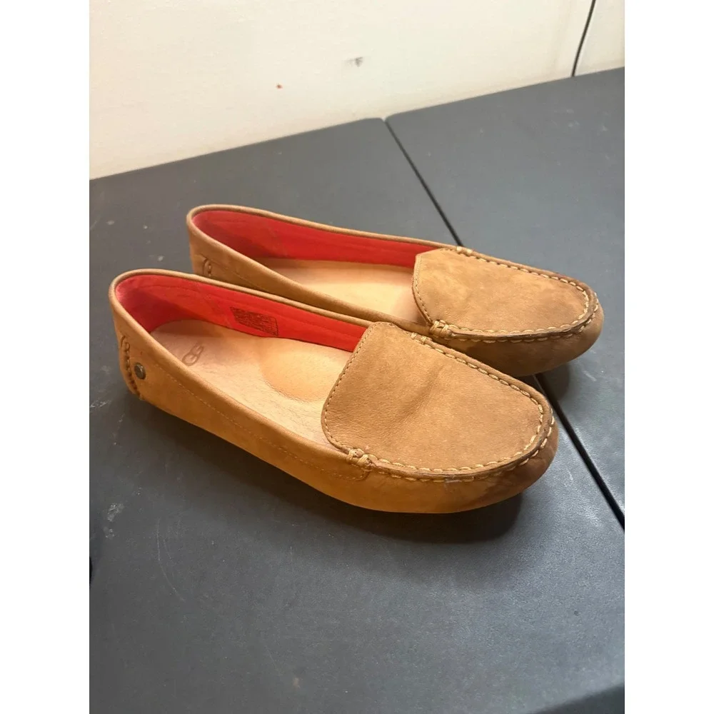 UGG Milana II Chestnut Leather Driving Loafers Womens 6.5 Pink Lining 1098209